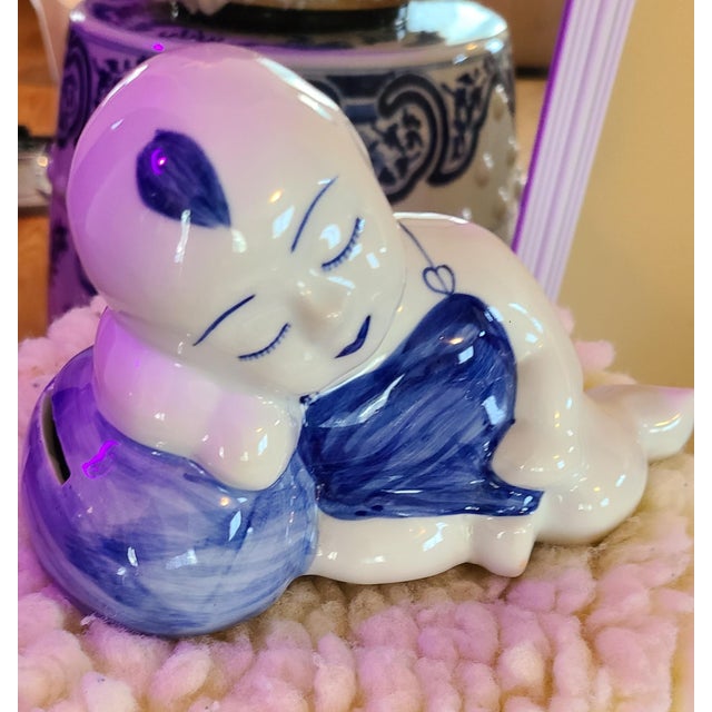 Asian Antique 1980s Thai Blue & White Sleeping Boy Piggy Bank Figurine For Sale - Image 3 of 13
