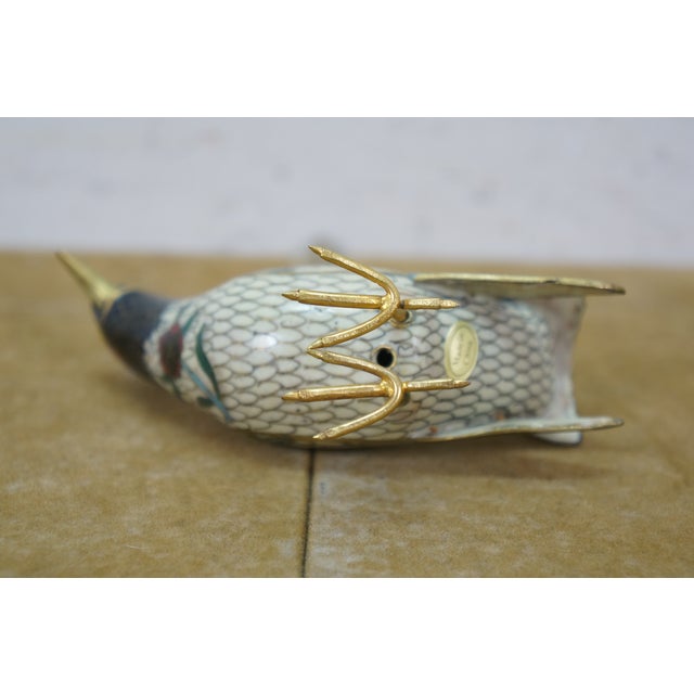 White Vintage Chinese Brass Cloisonne Enamel Bird Figurine on Wood Stand 5" For Sale - Image 8 of 13