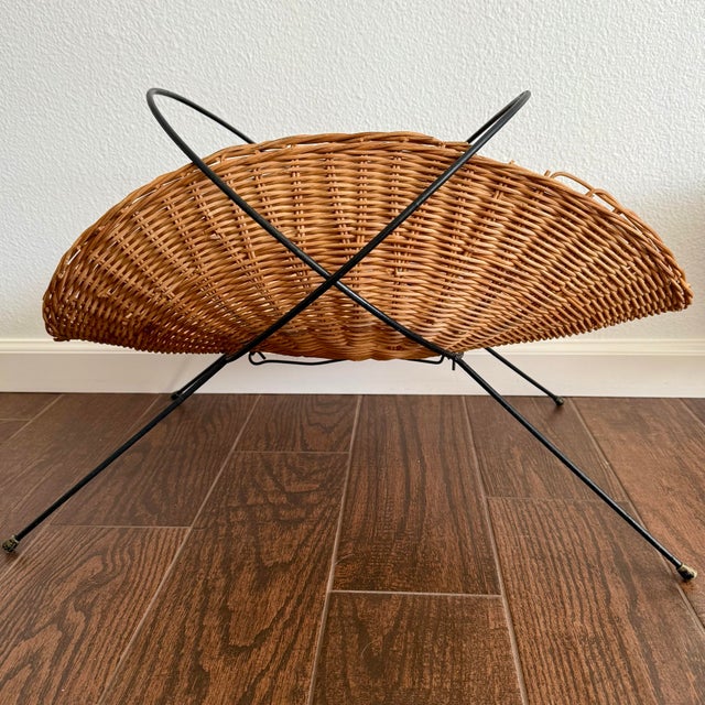 Mid-Century Modern Mid Century Modern Wicker Rattan Iron Magazine Holder Vintage Italian MCM For Sale - Image 3 of 12