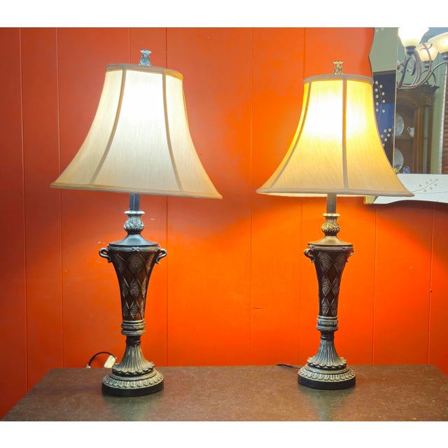 Hollywood Regency 1980s Table Lamps, 3-Way Lighting With Fabric Shades - A Pair For Sale - Image 3 of 8