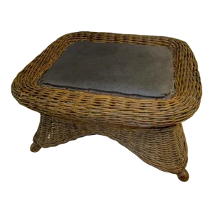 Natural Wicker Antique Footstool Heywood Brothers & Wakefield Co. W/Leather Seat