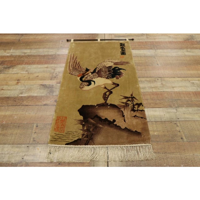Camel Antique Chinese Pictorial Rug Tapestry With Traditional Crane Design - 02'00 X 04'01 For Sale - Image 8 of 10
