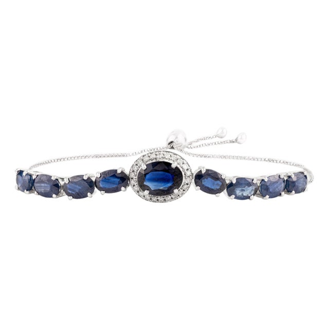 Modernist 5.86 Ct Blue Sapphire and Diamond Adjustable Bracelet in 14k Gold For Sale