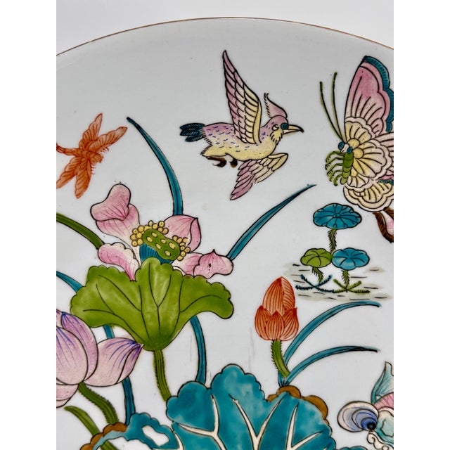 Pink Mid 20th Century Large Asian Platter With Butterfly and Floral Motif For Sale - Image 8 of 12