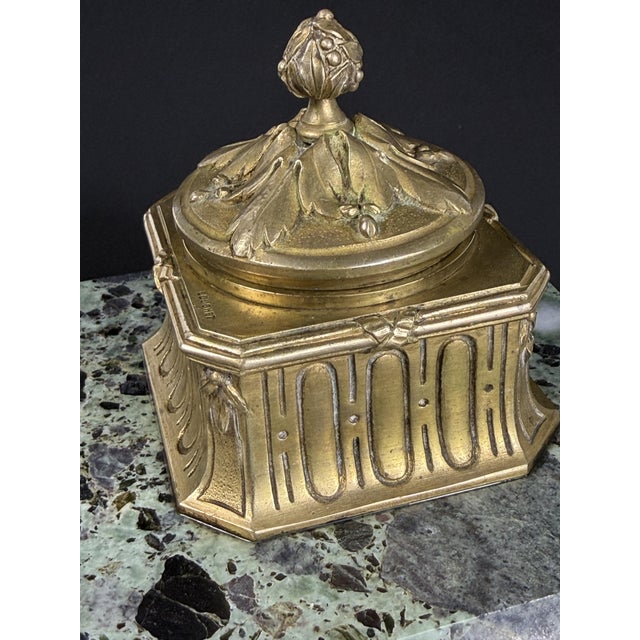 Metal Art Nouveau French Gilt Bronze and Marble Inkwell by Louchet, Paris, 1900 For Sale - Image 7 of 13