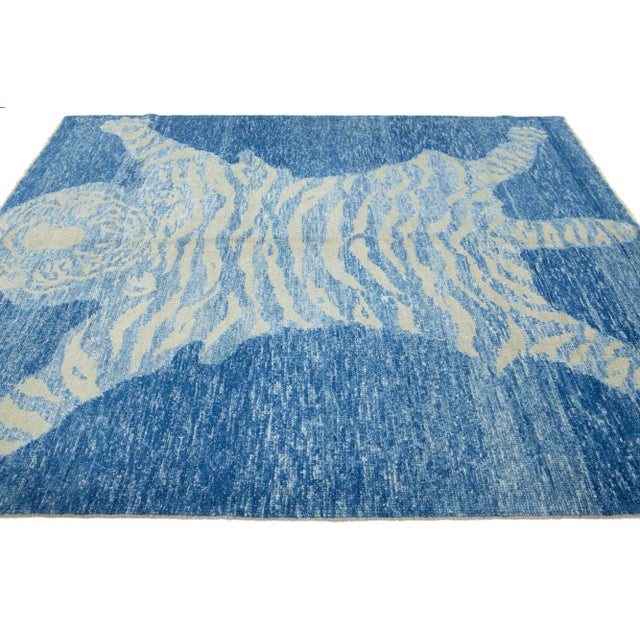2020s Handmade Contemporary Tiger Designed Wool Rug in Blue For Sale - Image 5 of 10
