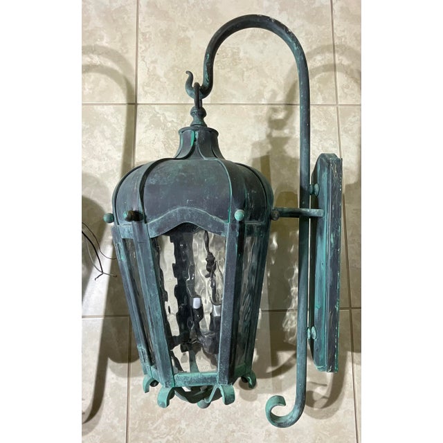 Pair of Vintage Large Solid Brass Outdoor Wall Lanterns For Sale - Image 4 of 17