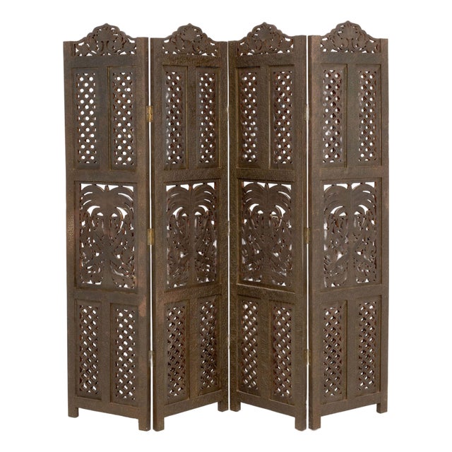 Syrian Palm Tree Motif Four Panel Brass Clad Screen For Sale