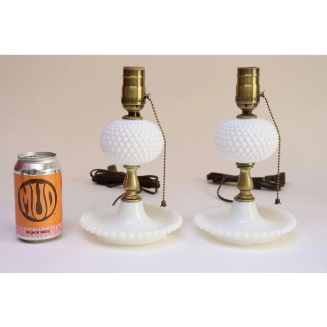 Pair of Petite Mid-Century Modern Hobnail Milk Glass Saucer Boudoir Bedside Table Lamps For Sale In New York - Image 6 of 12