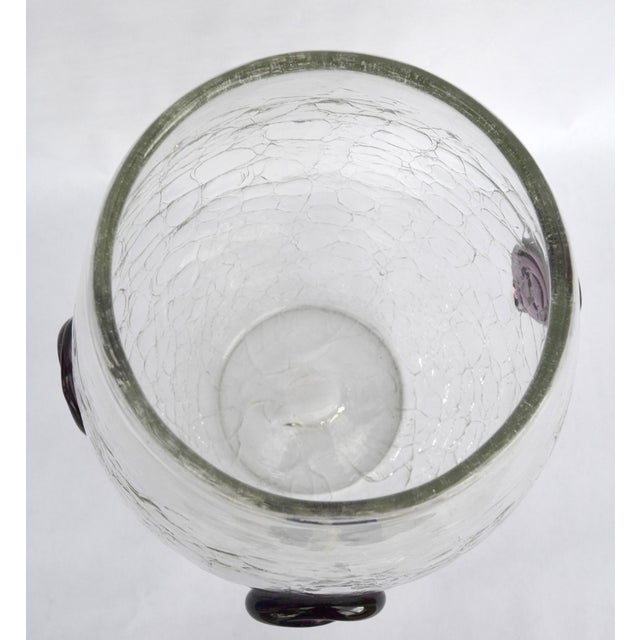 1960s Large Blenko Crackle Art Glass Vase Textured Clear Surface Purple Flowers For Sale - Image 12 of 18