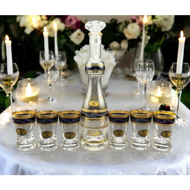 Blue Vintage Vodka Set with Carafe and Six Decorated Glasses, Set of 8 For Sale - Image 8 of 12