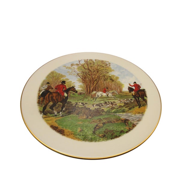 French Country Vintage Pickard China Herring Fox Hunt Plate Equestrian Scene Gold Trim Usa Made For Sale - Image 3 of 6