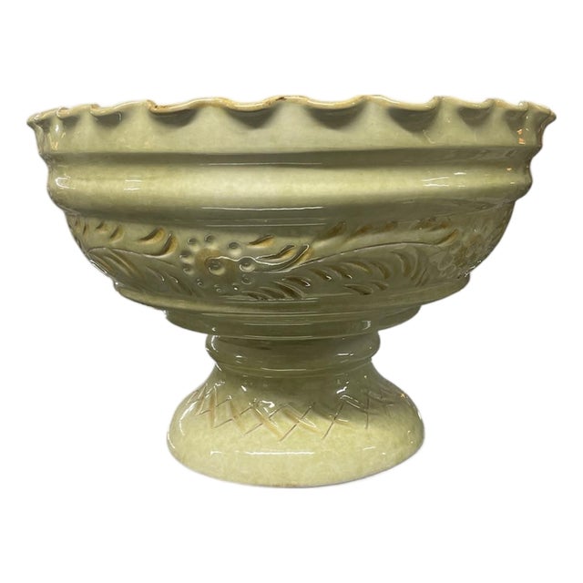 Vintage-Style Scalloped Celadon Pedestal Bowl – 11" Textured Ceramic Compote For Sale
