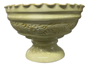 Vintage-Style Scalloped Celadon Pedestal Bowl – 11" Textured Ceramic Compote