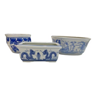 Blue & White Chinoiserie Jardiniere - Set of 3 For Sale