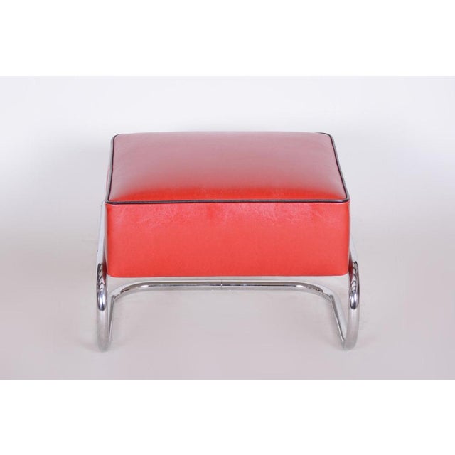 Modernist Bauhaus - Art Deco chrome tabouret. Completely restored, new upholstery and leather. Maker: Slezák Company...