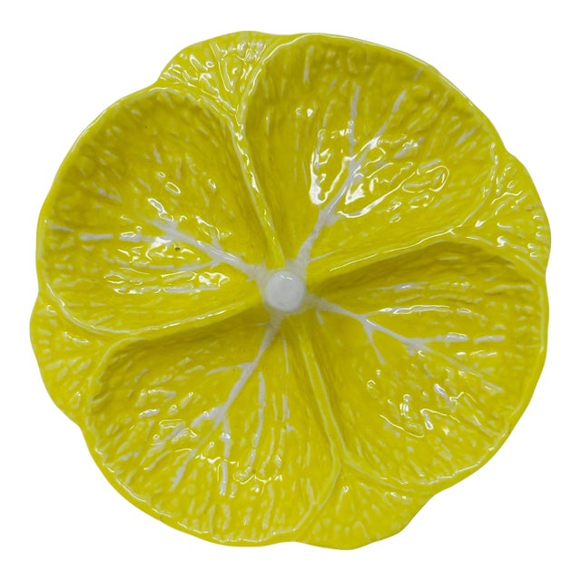 Vintage Attributed to Secla Yellow Cabbage Leaf Majolica Divided Serving Dish For Sale