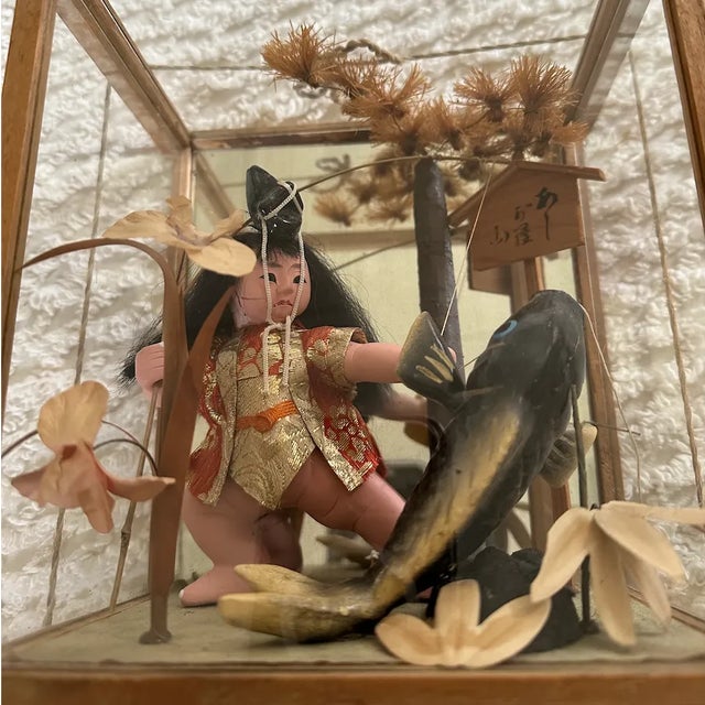 Vintage Japanese Wood and Glass Enclosed Diorama • Fishing Boy and 
