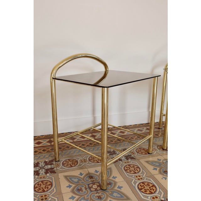 Vintage Gold-Tone Metal and Smoked Mirrored Glass Bedside Tables, 1970s, Set of 2 For Sale - Image 3 of 10