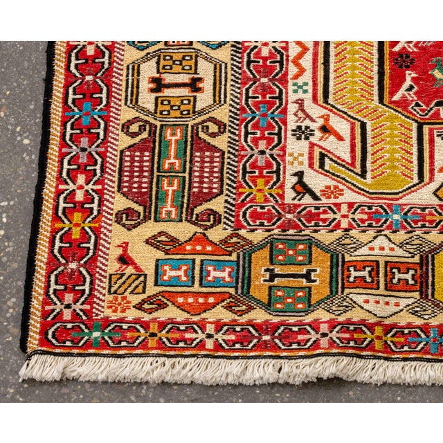 Caucasian Kazak Hand-Knotted Wool Prayer Rug, with geometric design on red ground. 3' 3" L x 2' 6" W. Provenance: From a...