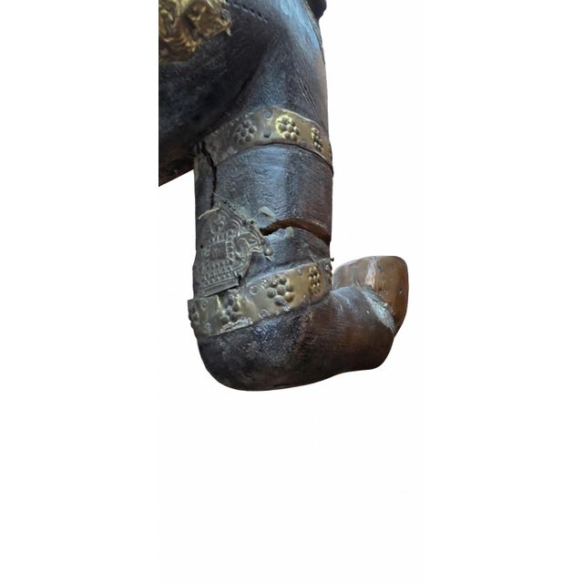 Pair of Antique Hand Carved Marwari War Horse Sculptures Pair Indian Wood Brass Copper For Sale - Image 14 of 14