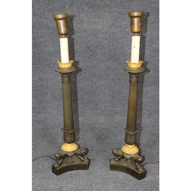 Traditional Pair of Antique Candlestick French Empire Patinated and Gilt Bronze Table Lamps For Sale - Image 3 of 9