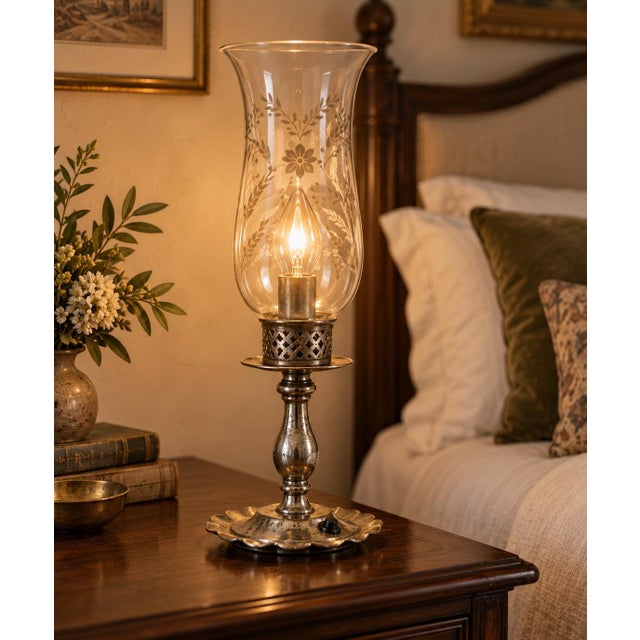 American Vintage Patinated Silver Etched-Glass Hurricane Lamps - a Pair For Sale - Image 3 of 7