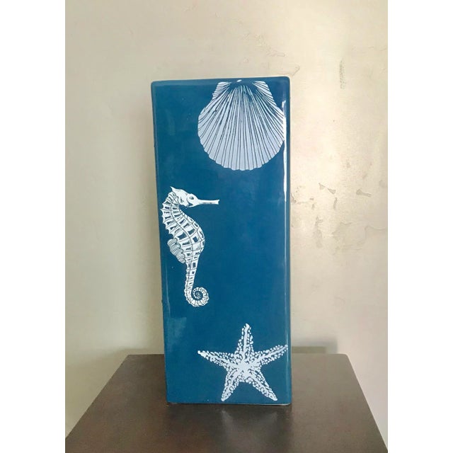 Modern Nautical Blue and White Tall Rectangular Ceramic Vase With Shell and Seahorse Design For Sale - Image 3 of 3
