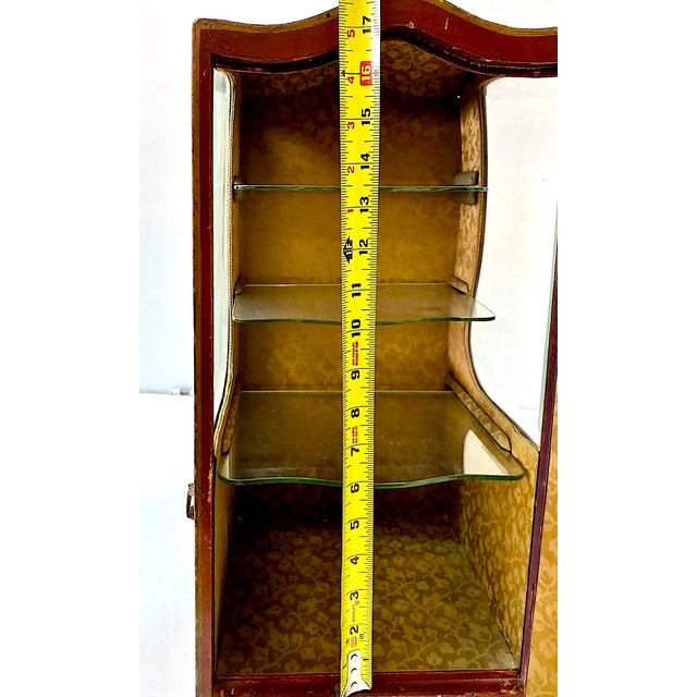 Antique Tabletop Hand-Painted, Fabric-Lined Display Cabinet With Glass Shelves For Sale - Image 12 of 12