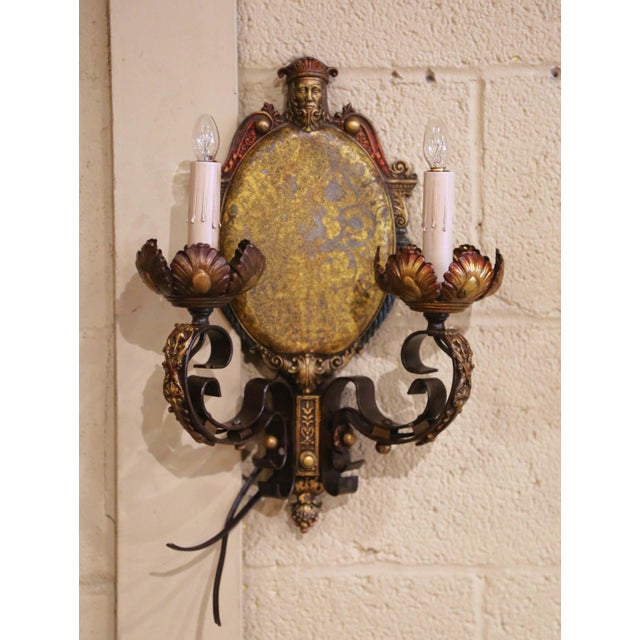 Pair of Mid-Century American Renaissance Revival Iron Two-Light Sconces For Sale - Image 4 of 11
