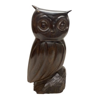 Mid 20th Century Modern Hand Carved Solid Teakwood Owl Figurine For Sale