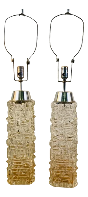 Mid Century Modernist Patterned Glass & Chrome Lamps - a Pair