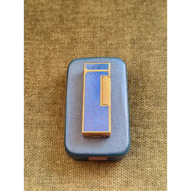 Rare Vintage Dunhill Gold Plated Blue Marble Lacquer Lighter Original Sky Case For Sale - Image 4 of 8