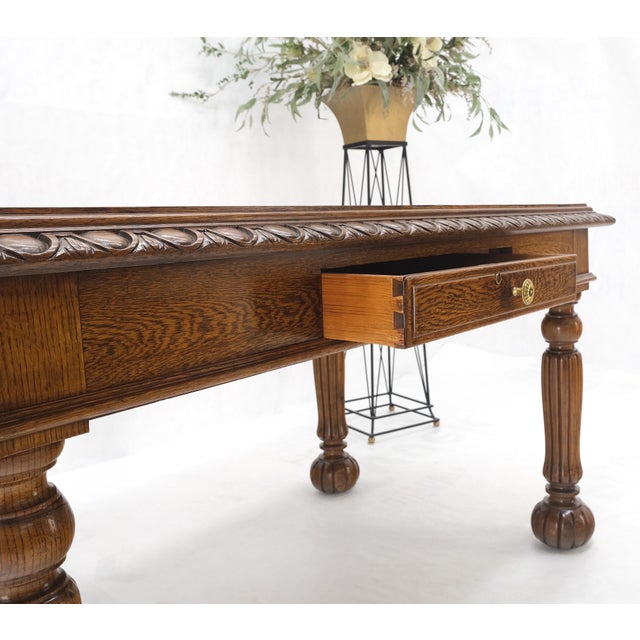 Mid 20th Century Heavy Fluted Carved Oak Legs 1 Drawer Arts & Crafts Desk Writing Table Clean! For Sale - Image 5 of 17
