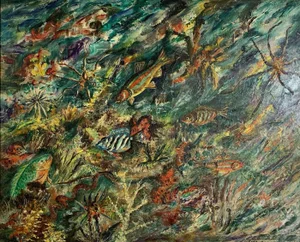 1960s Ludwik a Smialkowski Modernist Life in the Sea Oil on Board Painting