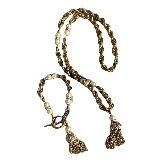 Mid 20th Century Trifari Chainlink Tassel Faux Pearl Rhinestone Necklace and Bracelet Set - 2 Pieces For Sale
