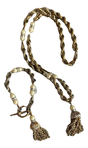 Mid 20th Century Trifari Chainlink Tassel Faux Pearl Rhinestone Necklace and Bracelet Set - 2 Pieces