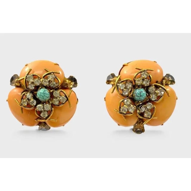American Early 21st Century Iradj Moini Earrings Coral Turquoise Strass Crystal Resin Cabochon Clip on - 2 Pieces For Sale - Image 3 of 6