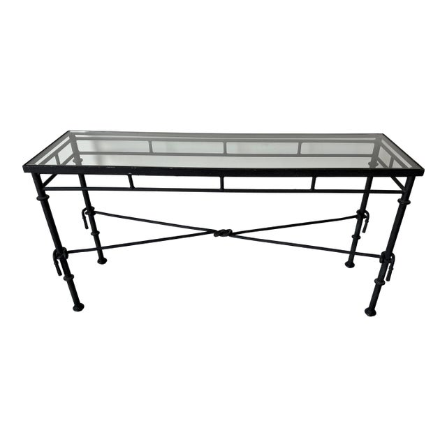 1980’s Vintage Giacometti-Style Iron and Glass Top Console Table For Sale
