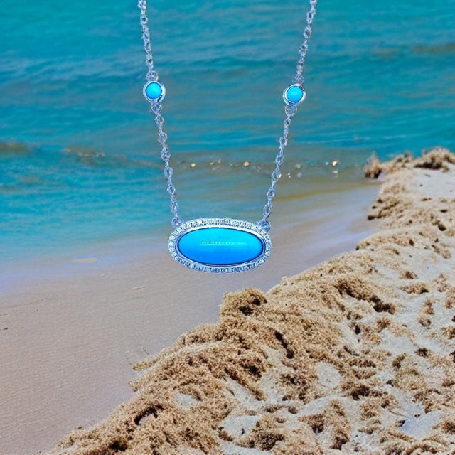 Metal Natural Persian Turquoise Diamond Pendant Necklace 17" 14k G 13.27 TCW Certified For Sale - Image 7 of 18