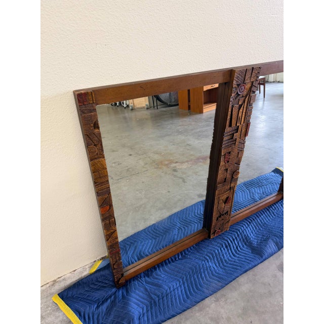 Brown Lane Pueblo Brutalist Oak Wall Mirror – Paul Evans Style Frame 1970s For Sale - Image 8 of 9