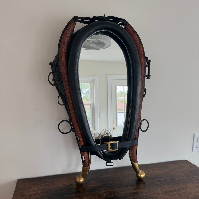 Wood Vintage Equestrian Horse Collar Mirror With Brass Accents For Sale - Image 7 of 8