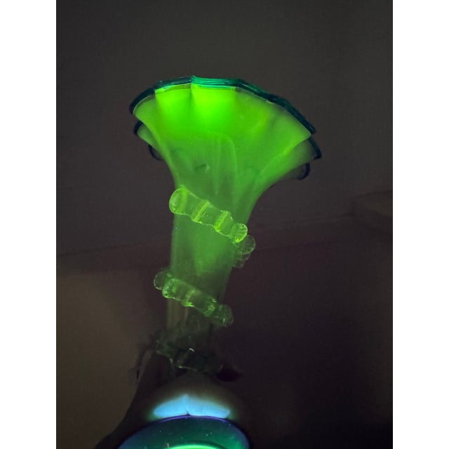 Victorian Epergne Blue Vaseline Glass Antique Ruffle Art Glass Vase For Sale - Image 12 of 12