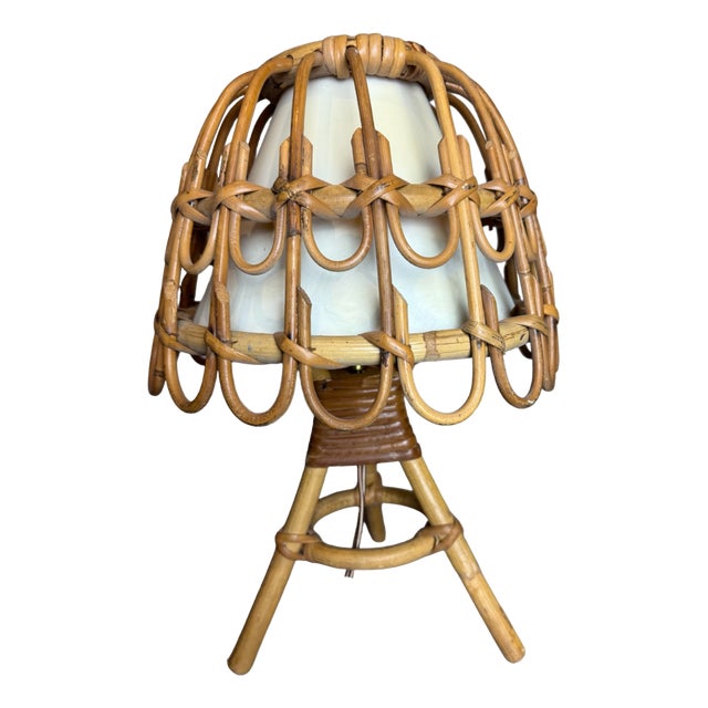 Mid-Century French Rattan and Wicker Table Lamp attributed to Louis Sognot, 1960s For Sale