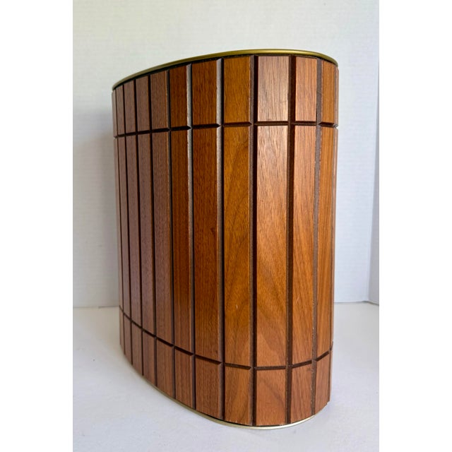 Wood 1960s Ransburg Wood Slat & Gold Metal Oval Wastebasket For Sale - Image 7 of 11