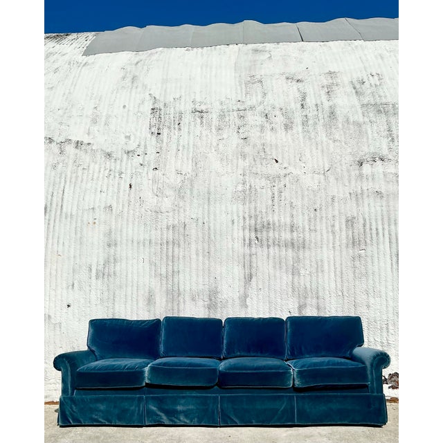 Vintage Regency Cerulean Velvet Down Long Sofa After Ferrell For Sale - Image 10 of 12