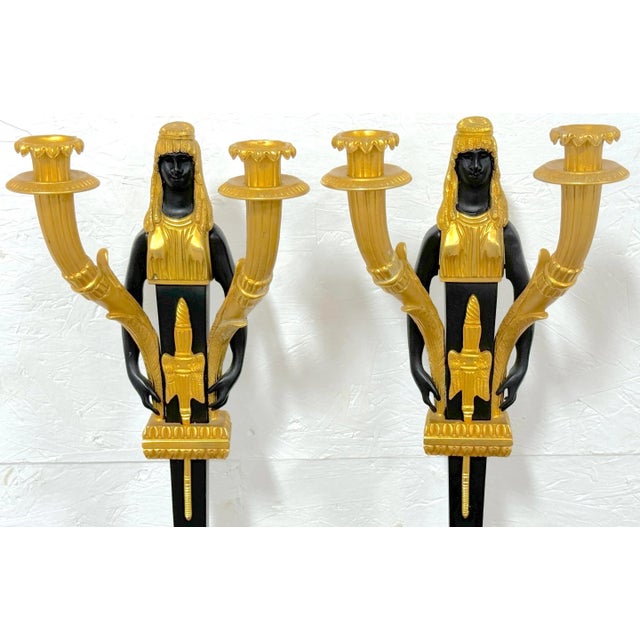 Empire Style Egyptian Caryatid Two-Light Ormolu & Patinated Candelabra - a Pair For Sale In Greensboro - Image 6 of 12