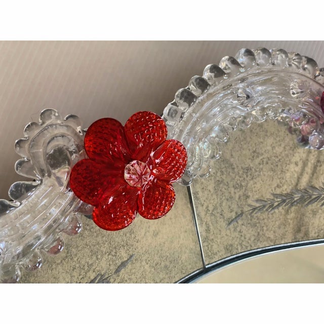 Venetian Murano Glass Oval Red Floral Wall Mirror – Hand-Carved Italian Art For Sale - Image 12 of 12