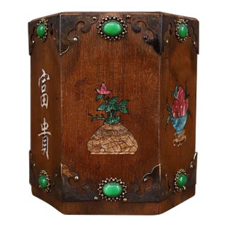 Rosewood Hexagonal Brush Pot With Mother of Pearl Inlay & Gemstone Accents – "Fu Gui" Motif For Sale