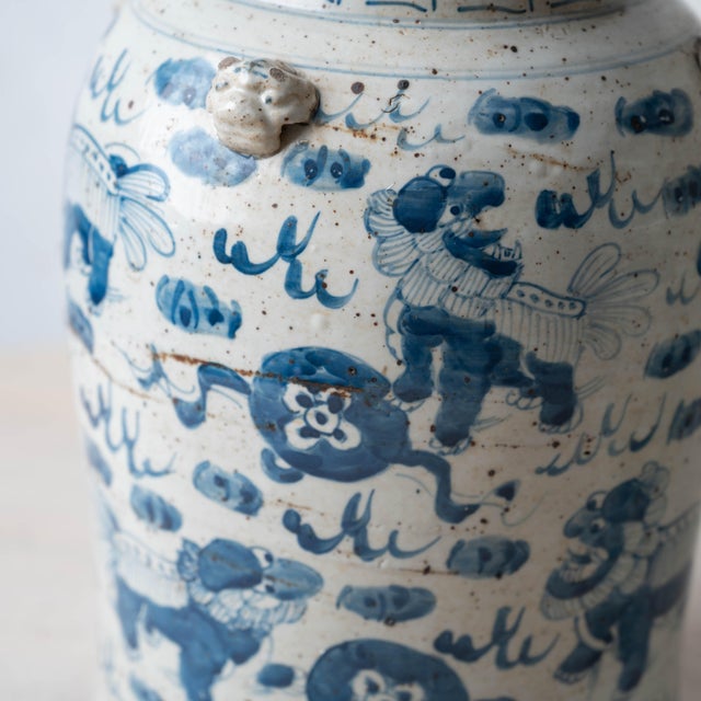 Pair of Chinese Blue and White Glazed Jars With Foo Dog Lid Finials For Sale - Image 12 of 14